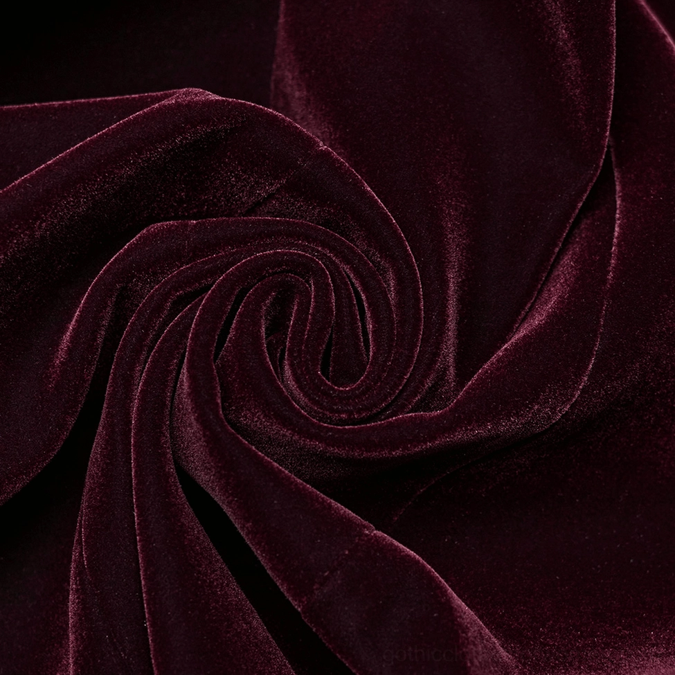 Wine red velvet gothic coat detail showing vintage zipper and decorative button hardware