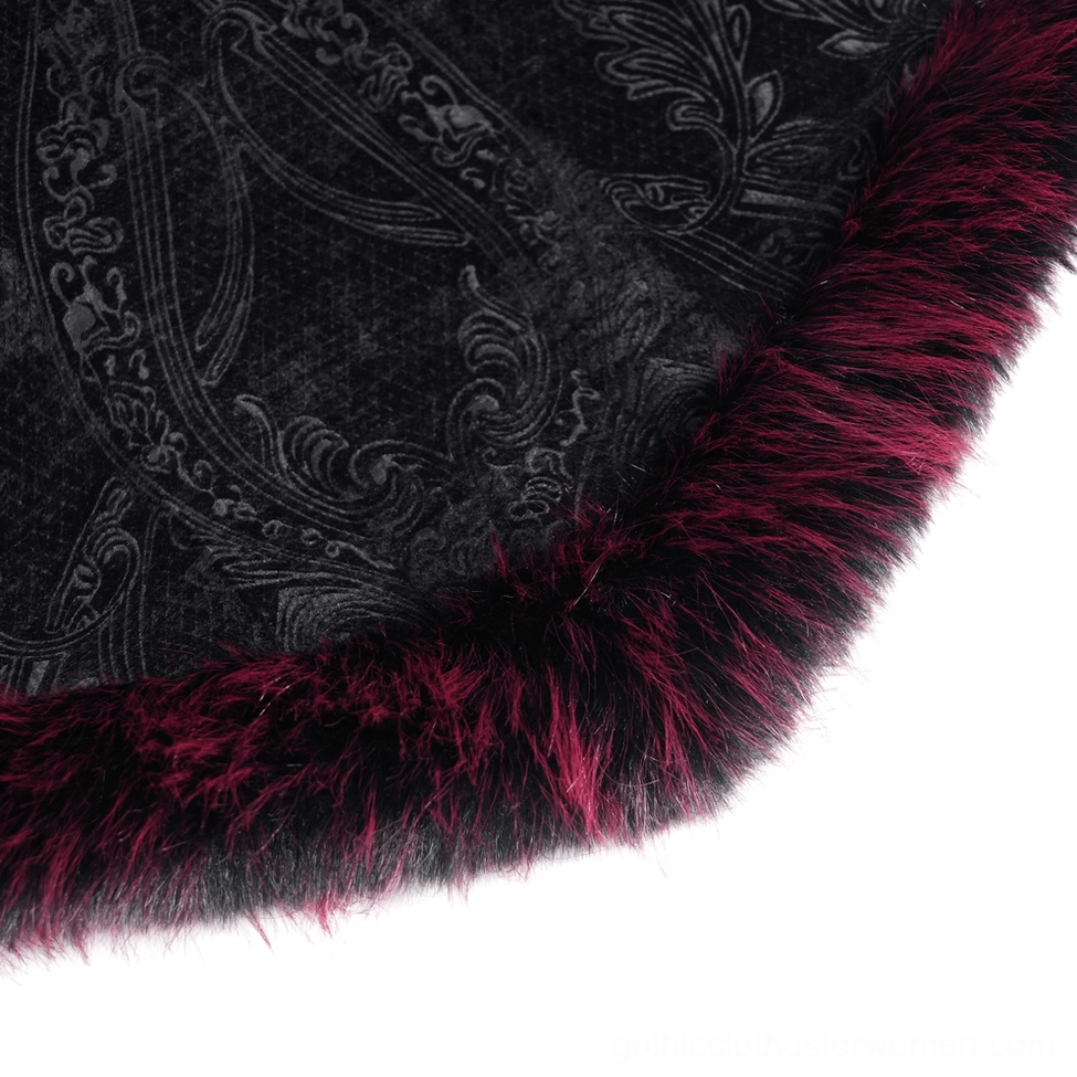 Close-up view of gothic coat waist area featuring adjustable lace tie, burgundy faux fur trim, and decorative ribbon sash