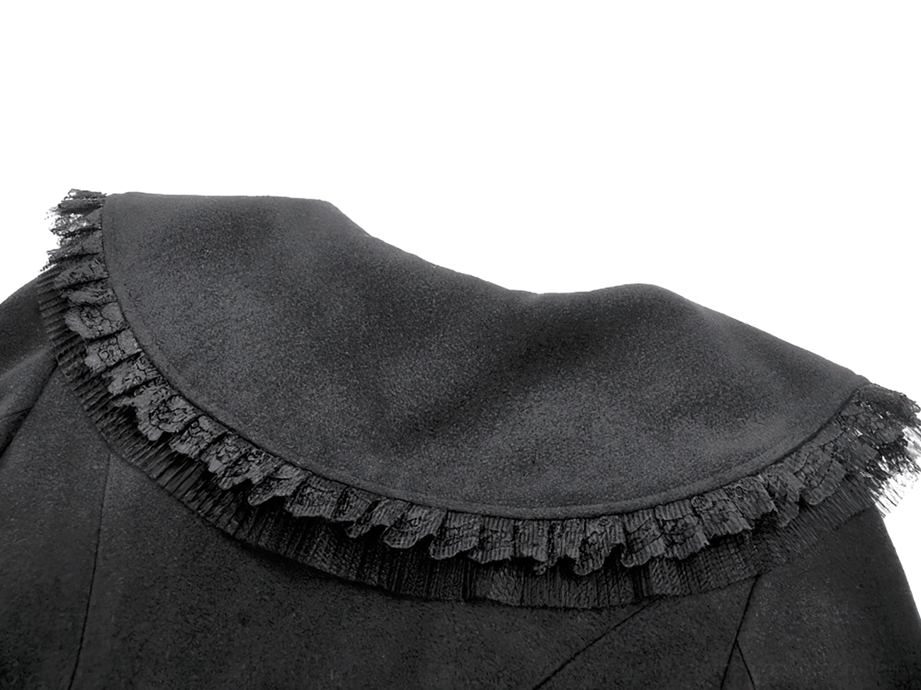Detailed view of gothic coat waist belt and button embellishments showing construction quality and ornamentation