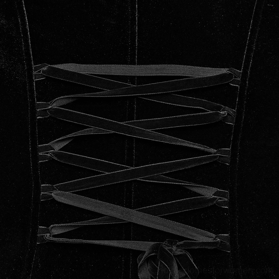 Gothic velvet coat waist detail showing gothic floral embroidery and velvet ribbon lace-up