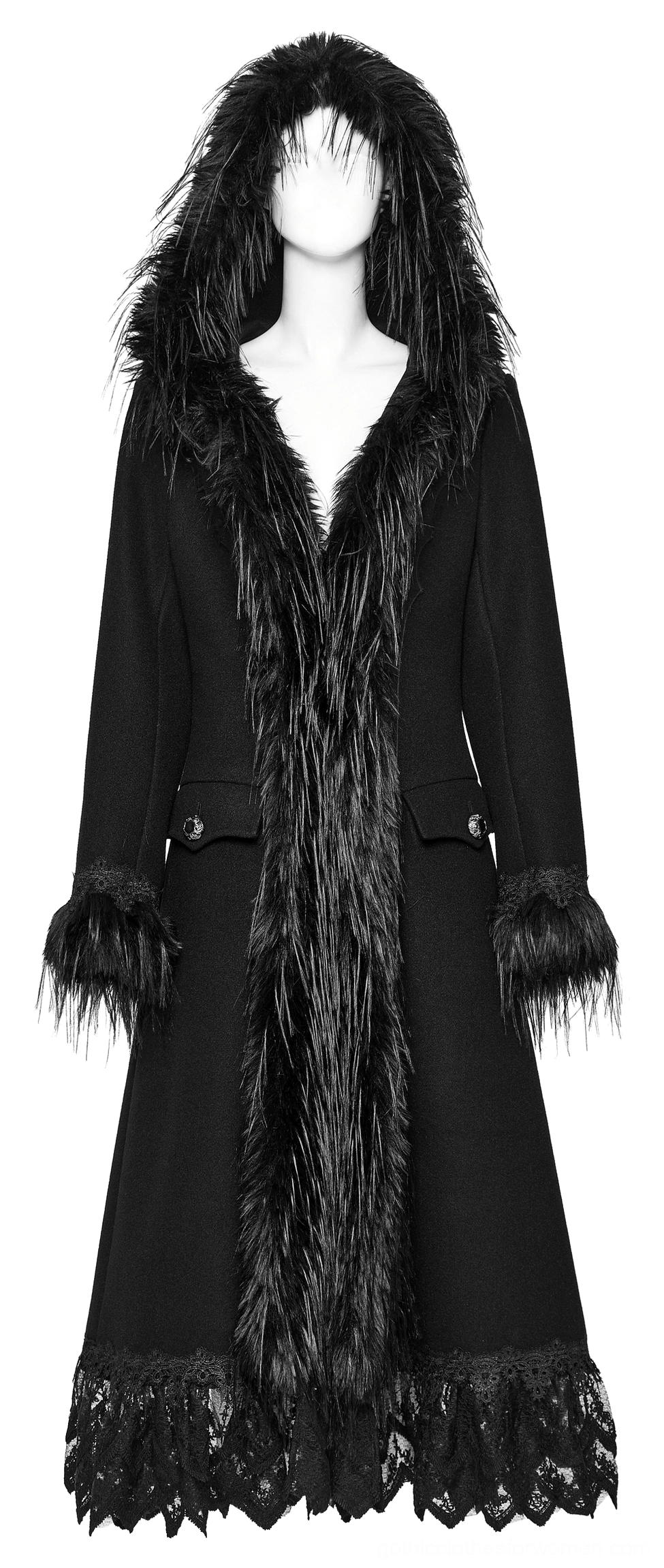 Gothic winter coat front view with waist pockets and scalloped lace hem detail