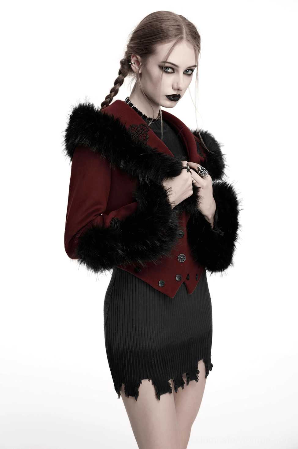 Texture close-up showing wool fabric composition, weave pattern, and material quality of wine red gothic winter coat