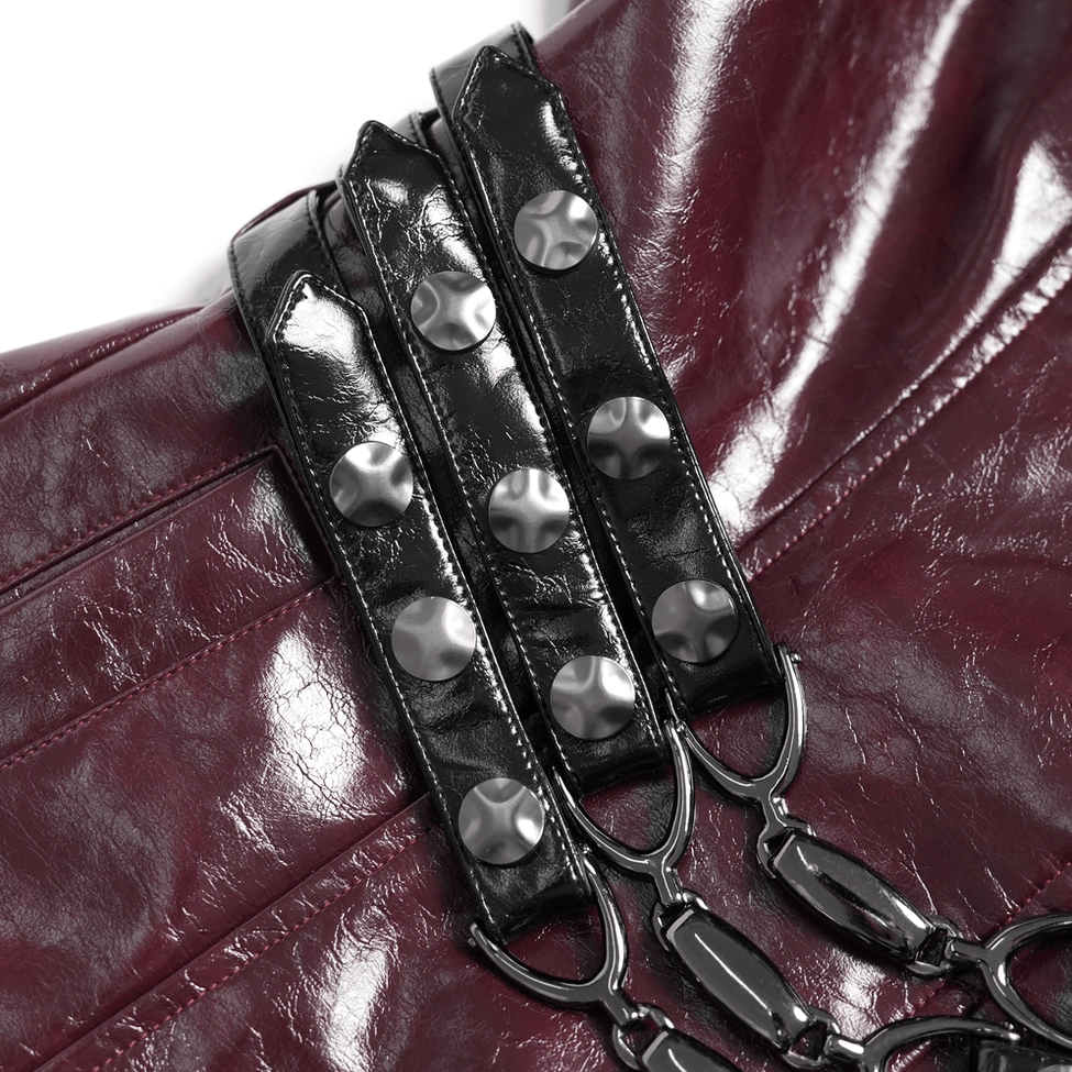 Women's gothic harness coat sleeve detail showing wrapped strap design with lace embellishments and metal eyelets