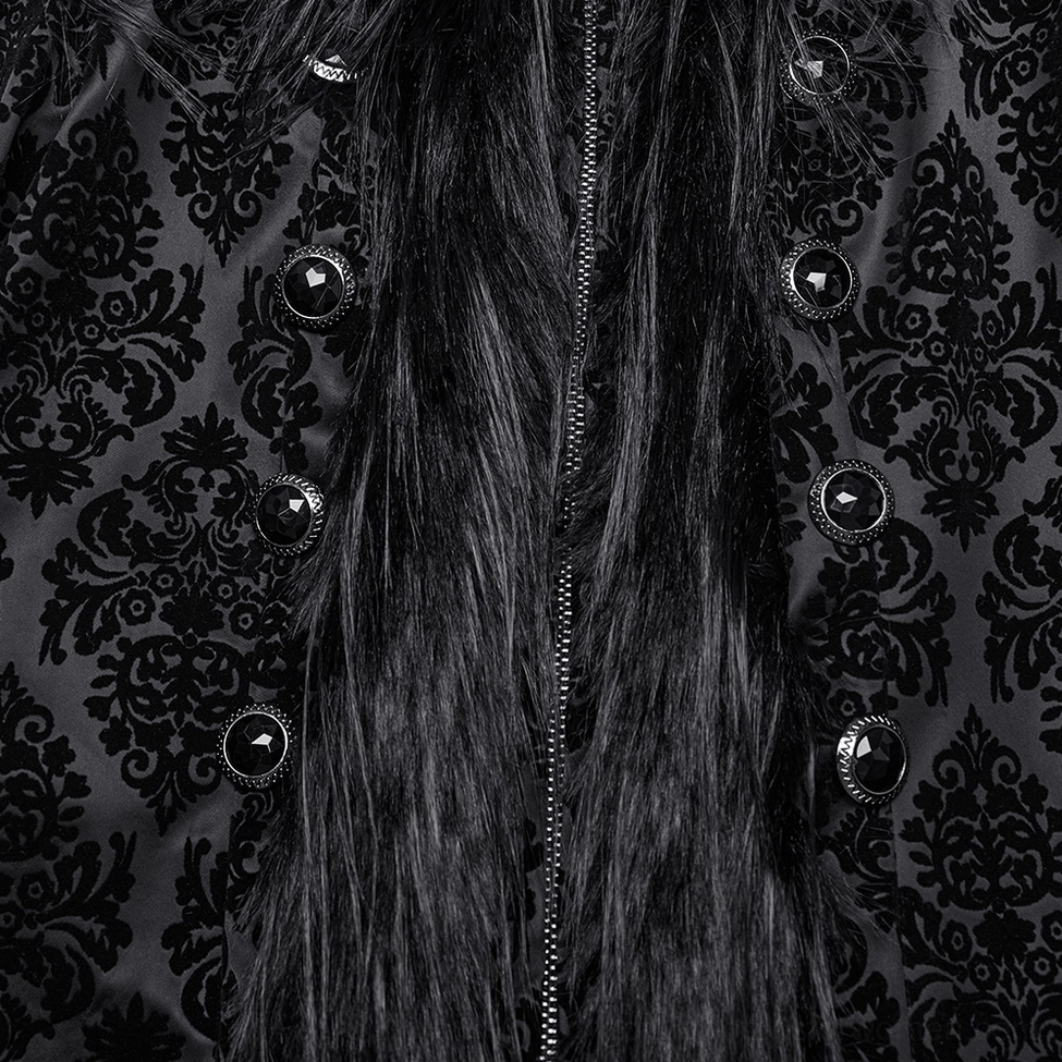 Gothic coat central zipper closure with engraved metal zipper pull on black damask fabric