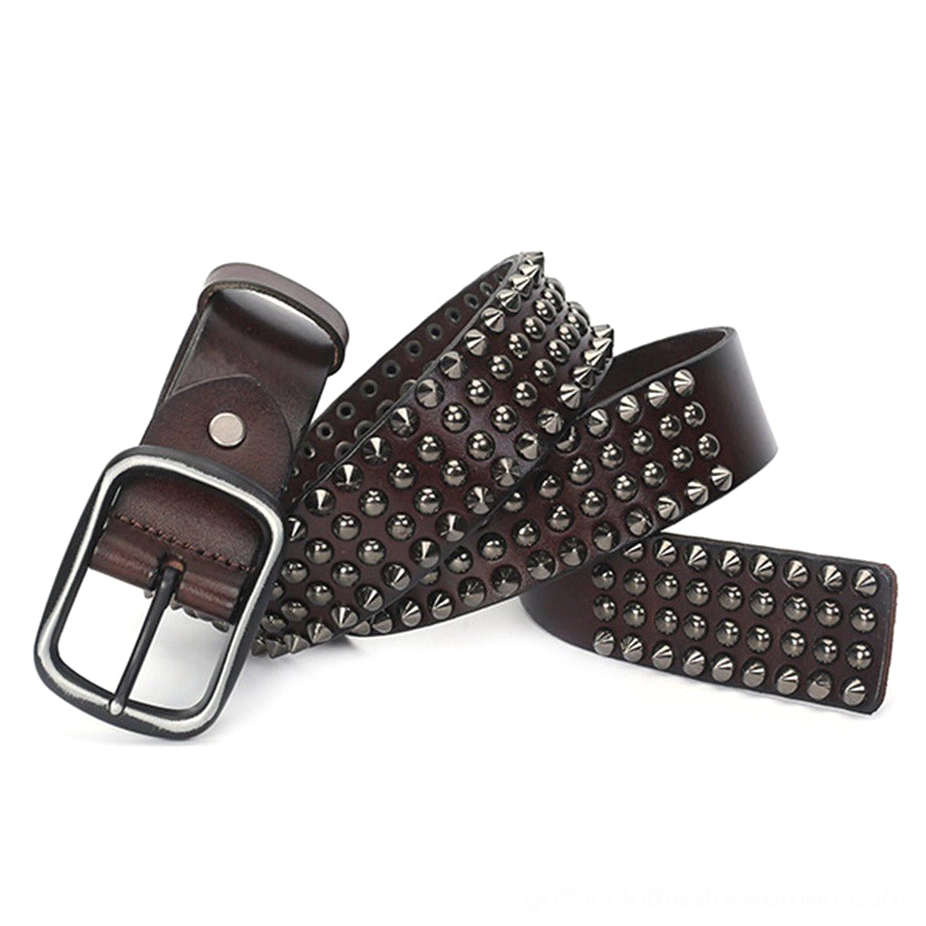 Coffee brown Gothic studded leather belt side flat lay displaying pin buckle mechanism