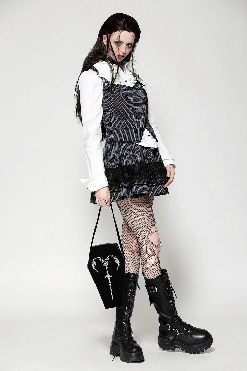 Gothic coffin shoulder bag alternative fashion styling dark aesthetic everyday carry bag for goth enthusiasts