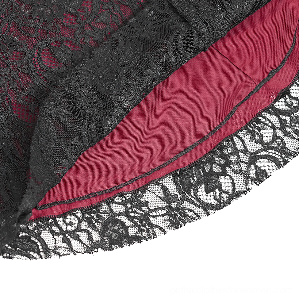 Full-length side view of gothic cold shoulder lace blouse worn by model, showing length proportions and overall silhouette
