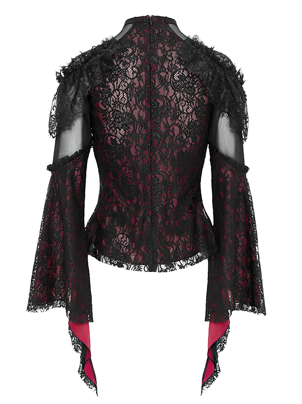 Gothic cold shoulder lace blouse rear flat lay showing ruffled shoulder trim, wine red sleeve cuffs, and decorative floral lace pattern