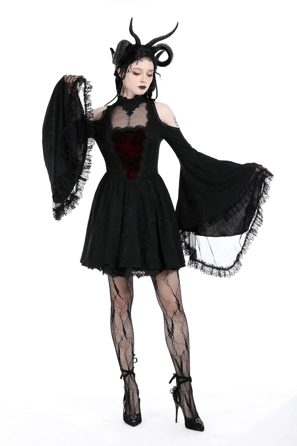 Gothic cold shoulder dress on model - complete styling with accessories and accessories