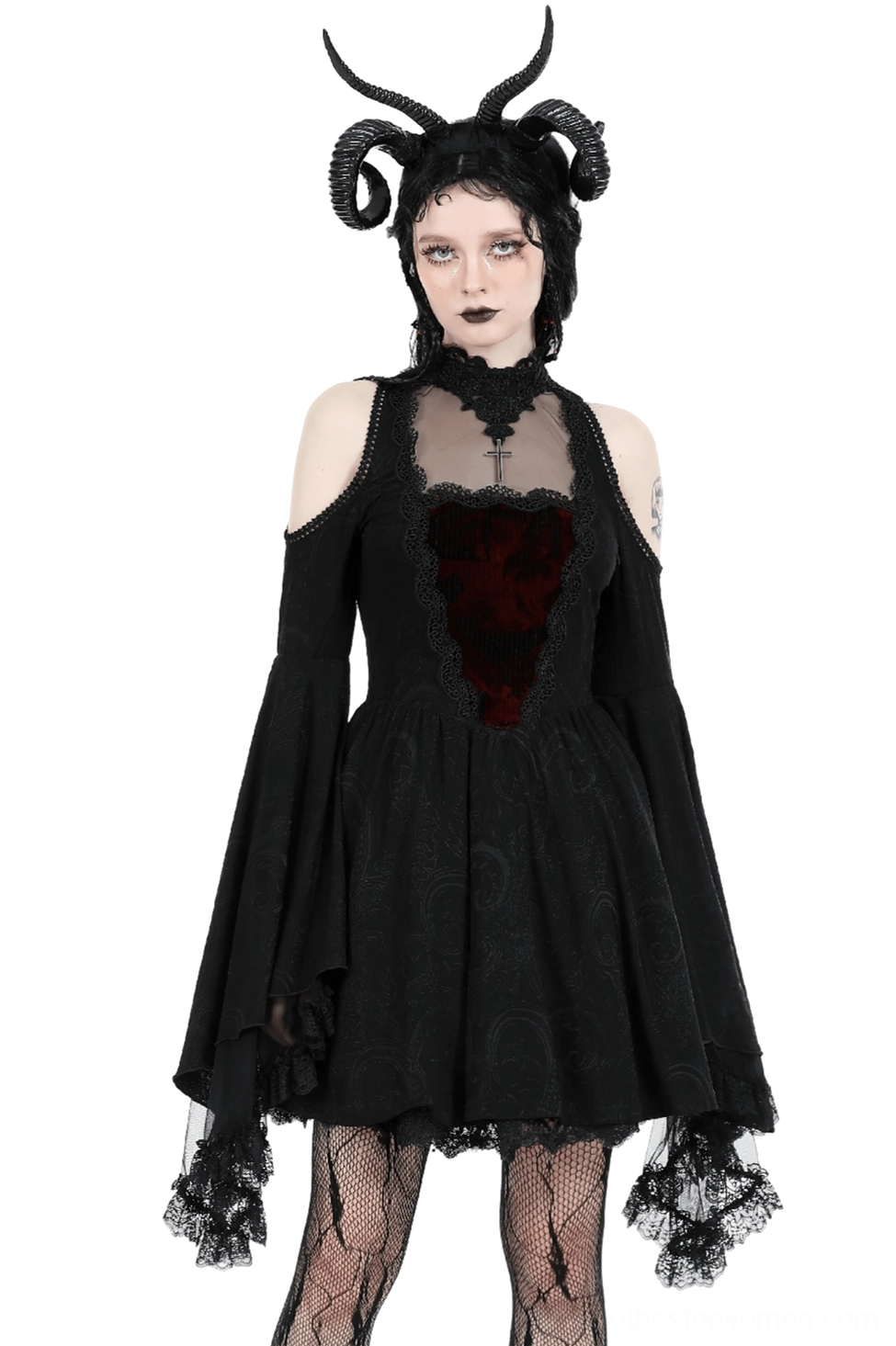 Black velvet gothic cold shoulder dress with flared lace sleeves - front view on model
