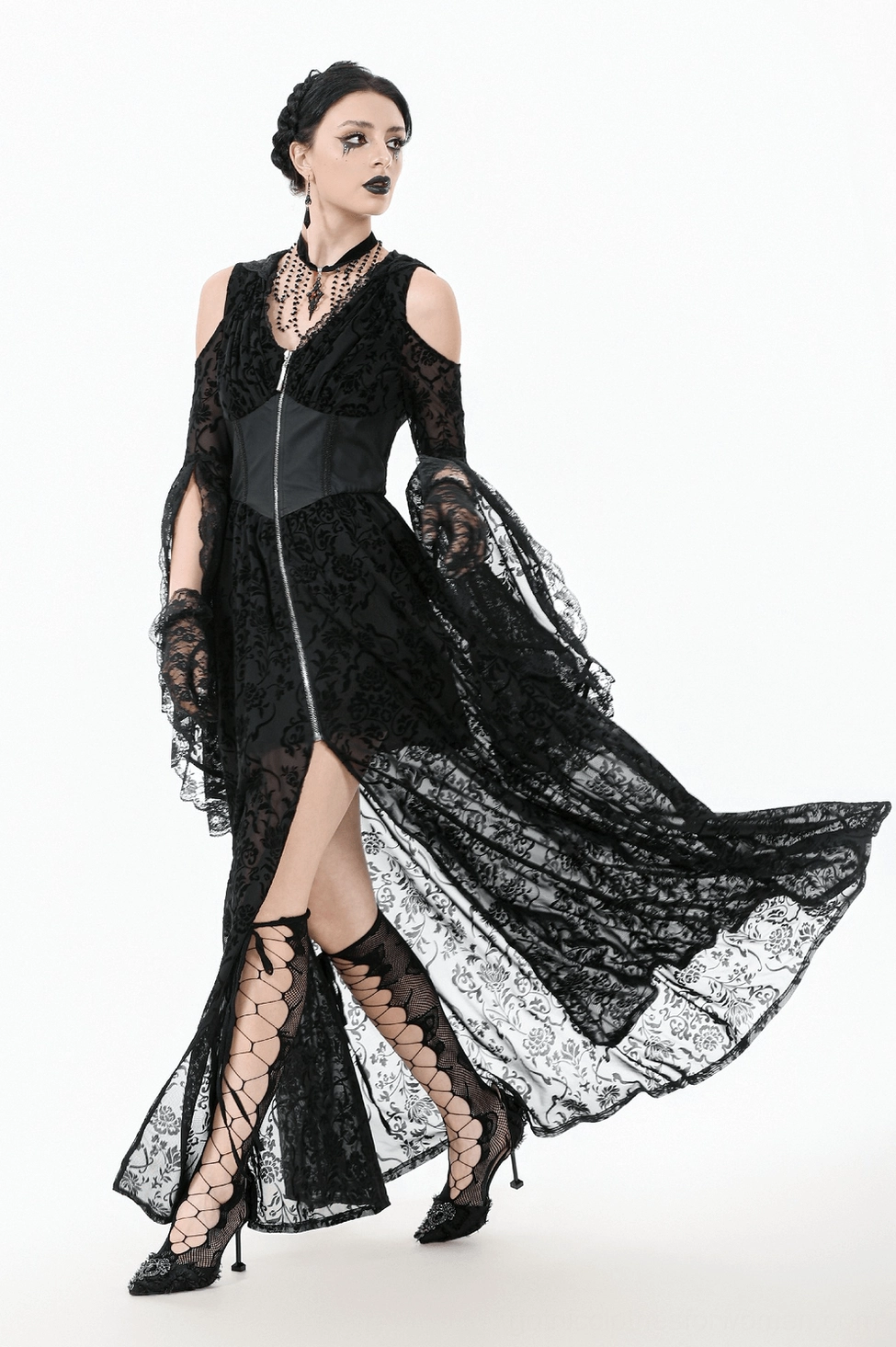 Black gothic cold shoulder lace maxi dress front view detail of hood and neckline design