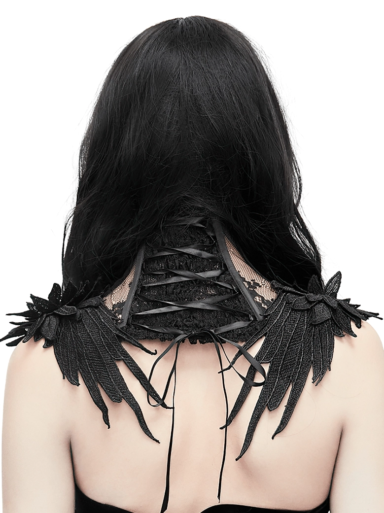 Black lace-up gothic choker collar back view showing wing-shaped lace decoration and adjustable closure