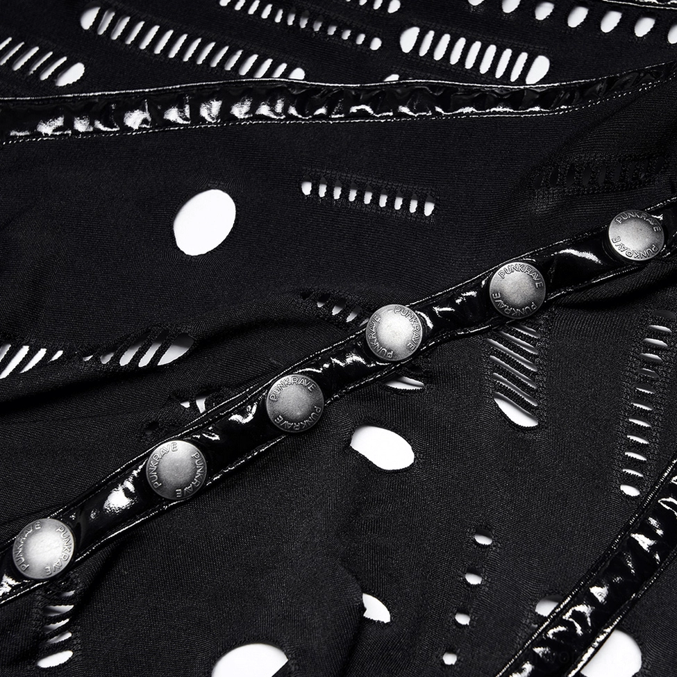Close-up of black mesh gothic collar fabric showing metal button trim and cutout hole construction