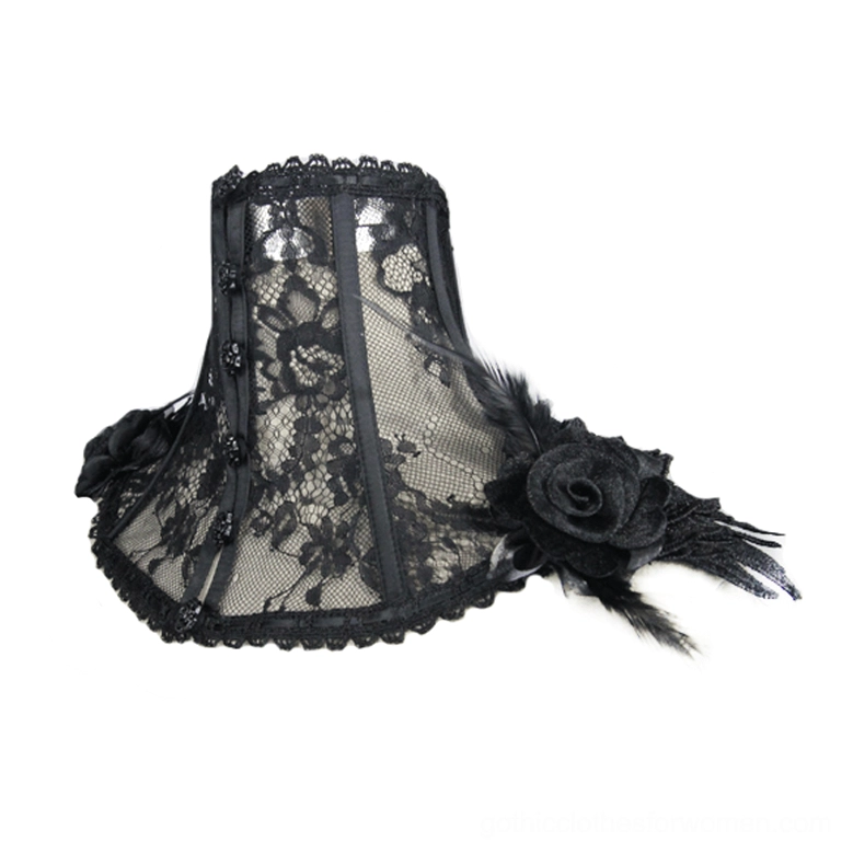 Black lace gothic high collar side perspective showing scalloped lace edge and fabric rose embellishments