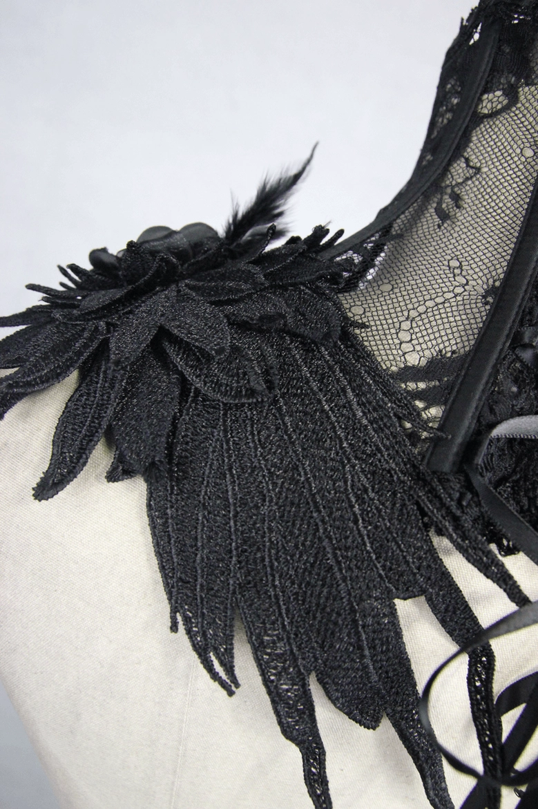 Side close-up of gothic collar shoulder decoration showing embroidered wing lace and feather accents