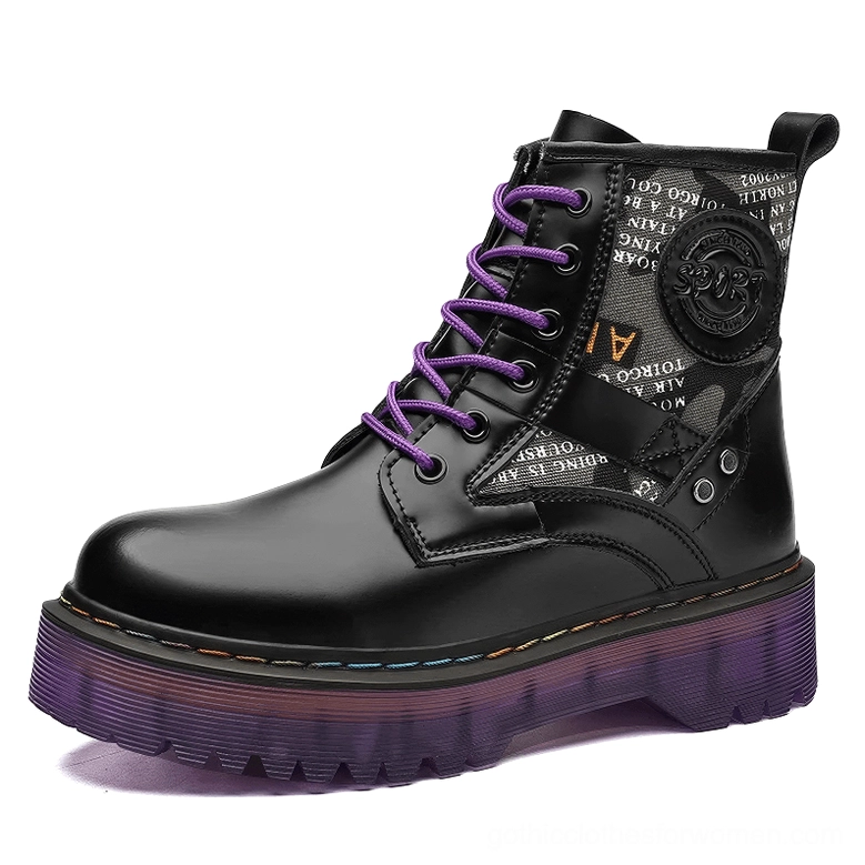 Black glossy PU leather gothic combat boots with purple laces and platform sole, side profile view