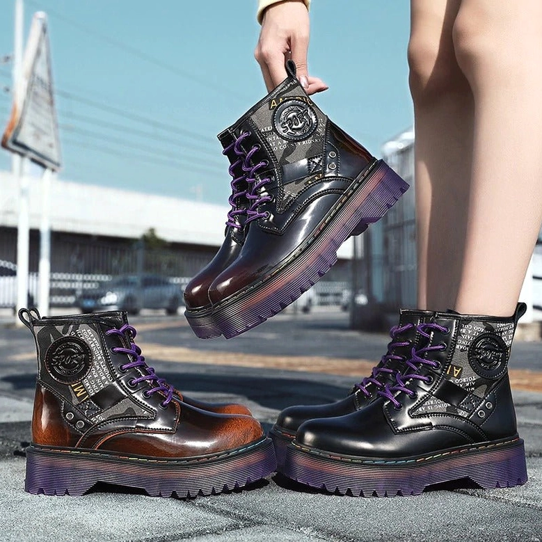 Multiple colorway options of gothic combat boots with purple platform soles on neutral background