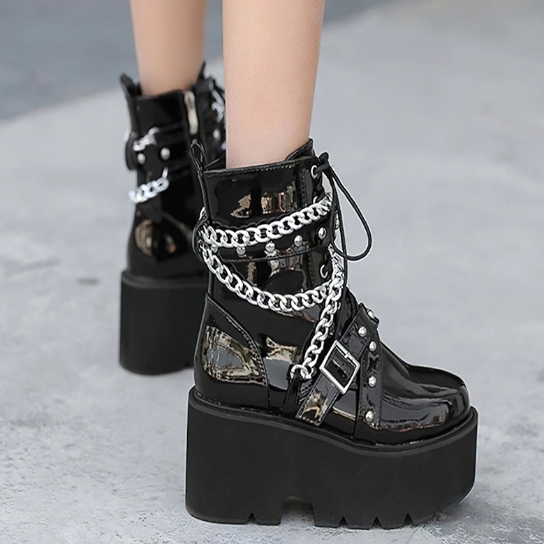 Gothic platform combat boots product view highlighting square heel, plush lining, and industrial rivet embellishments