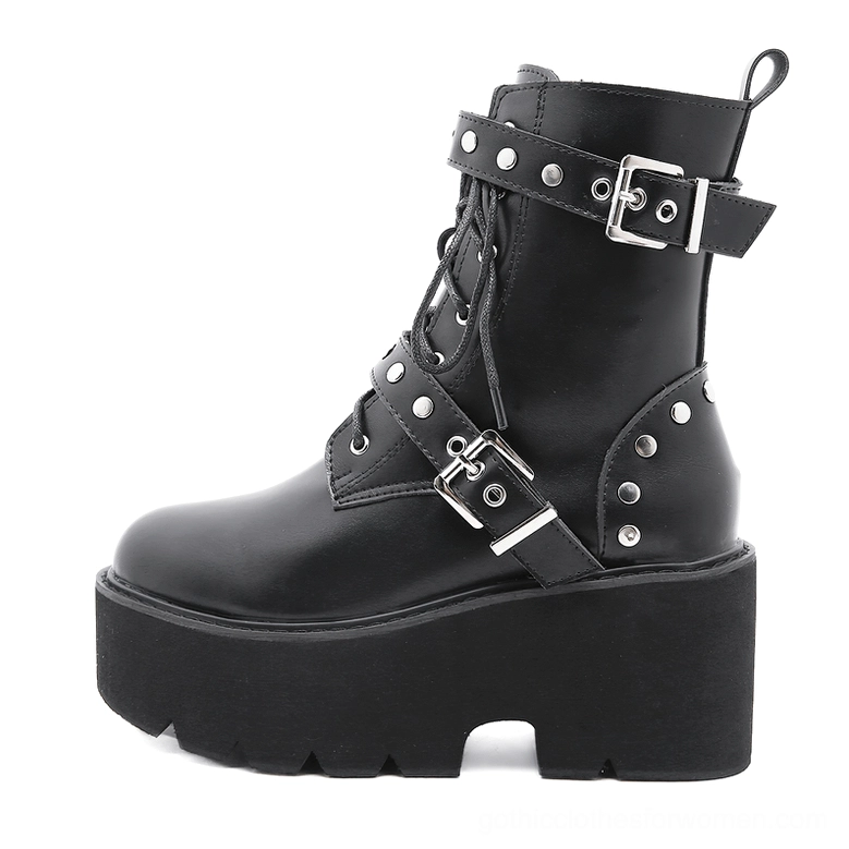 Black gothic ankle boots with metal rivets and back heel pull tab, right side three-quarter view