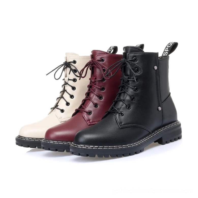 Three colorway options of gothic leather combat ankle boots - black, burgundy, and beige with wool lining