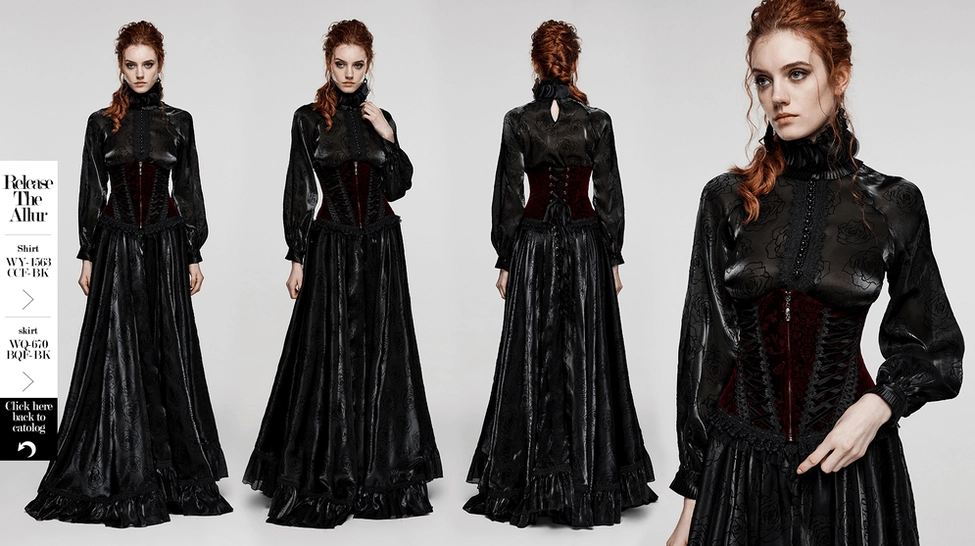 Full length back view gothic corset adjustable waist drawstring and lace hem