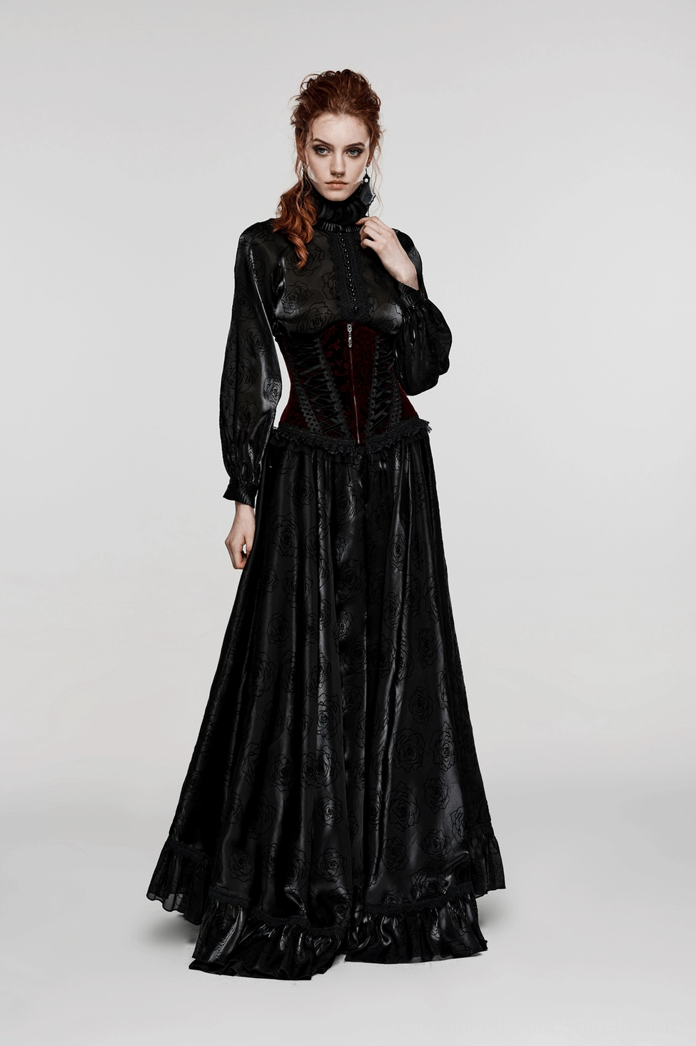 Alternative fashion gothic corset burgundy black floral velveteen