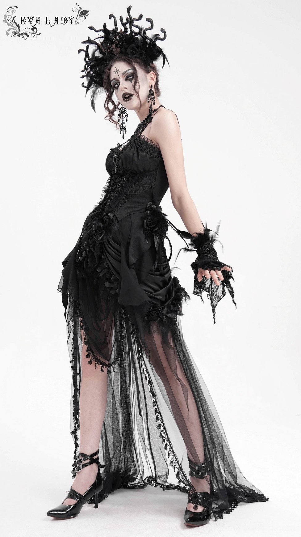 Black gothic corset showing back lace-up and metal buckle fastening system with adjustable straps