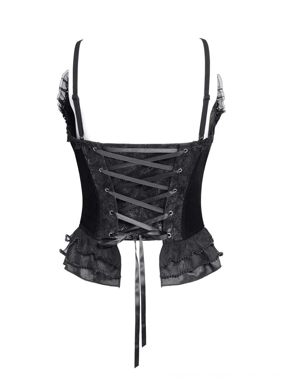 Back view of gothic corset showing adjustable lace-up closure and structured back design