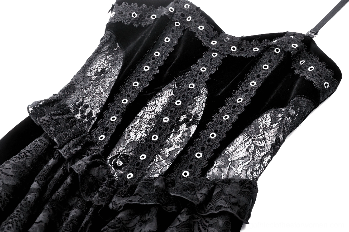 Back detail of gothic corset showing decorative lace-up pattern and ruffled lace trim