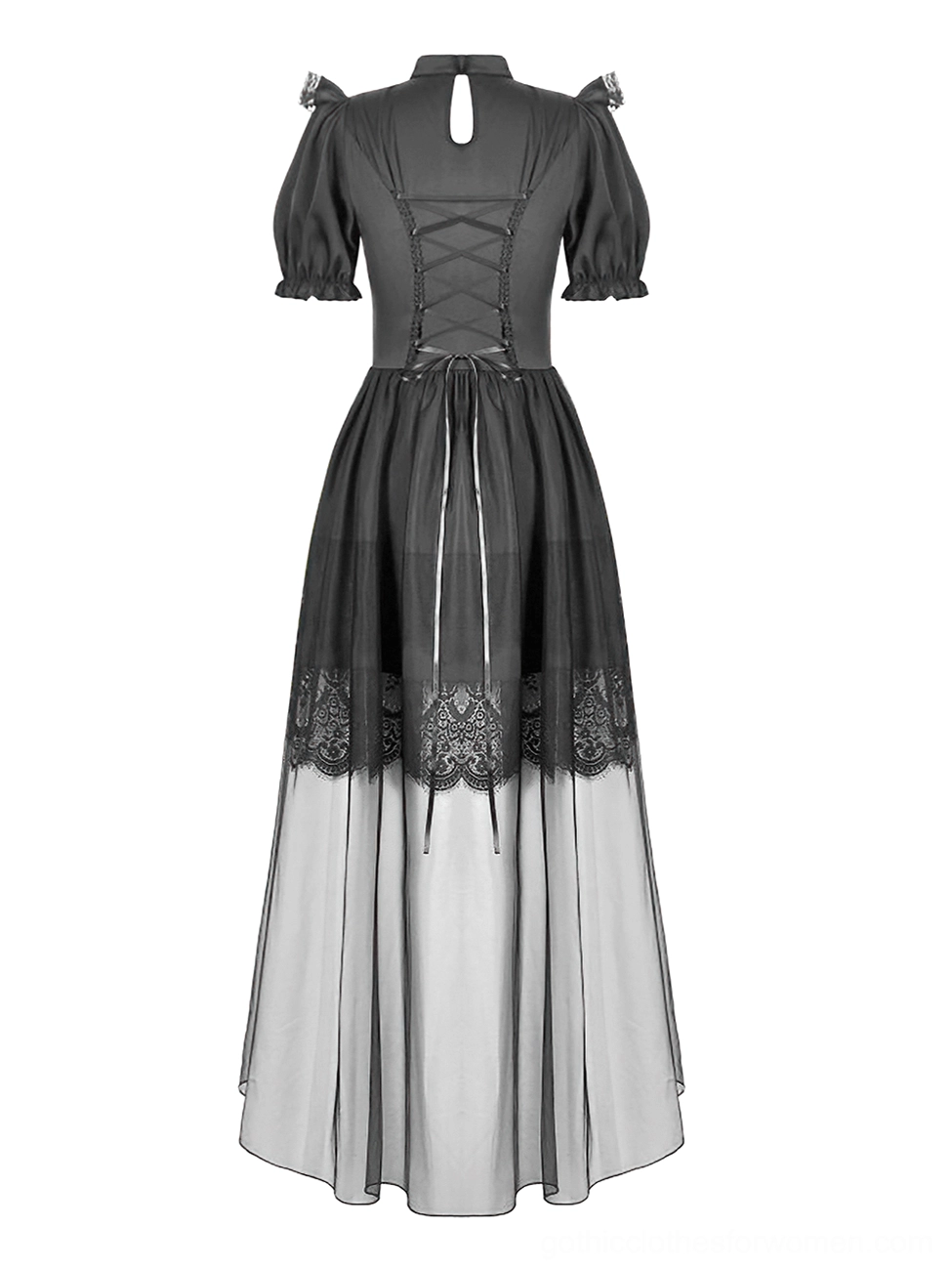 Gothic lace dress flat lay back showing lacing detail and two-tone hem