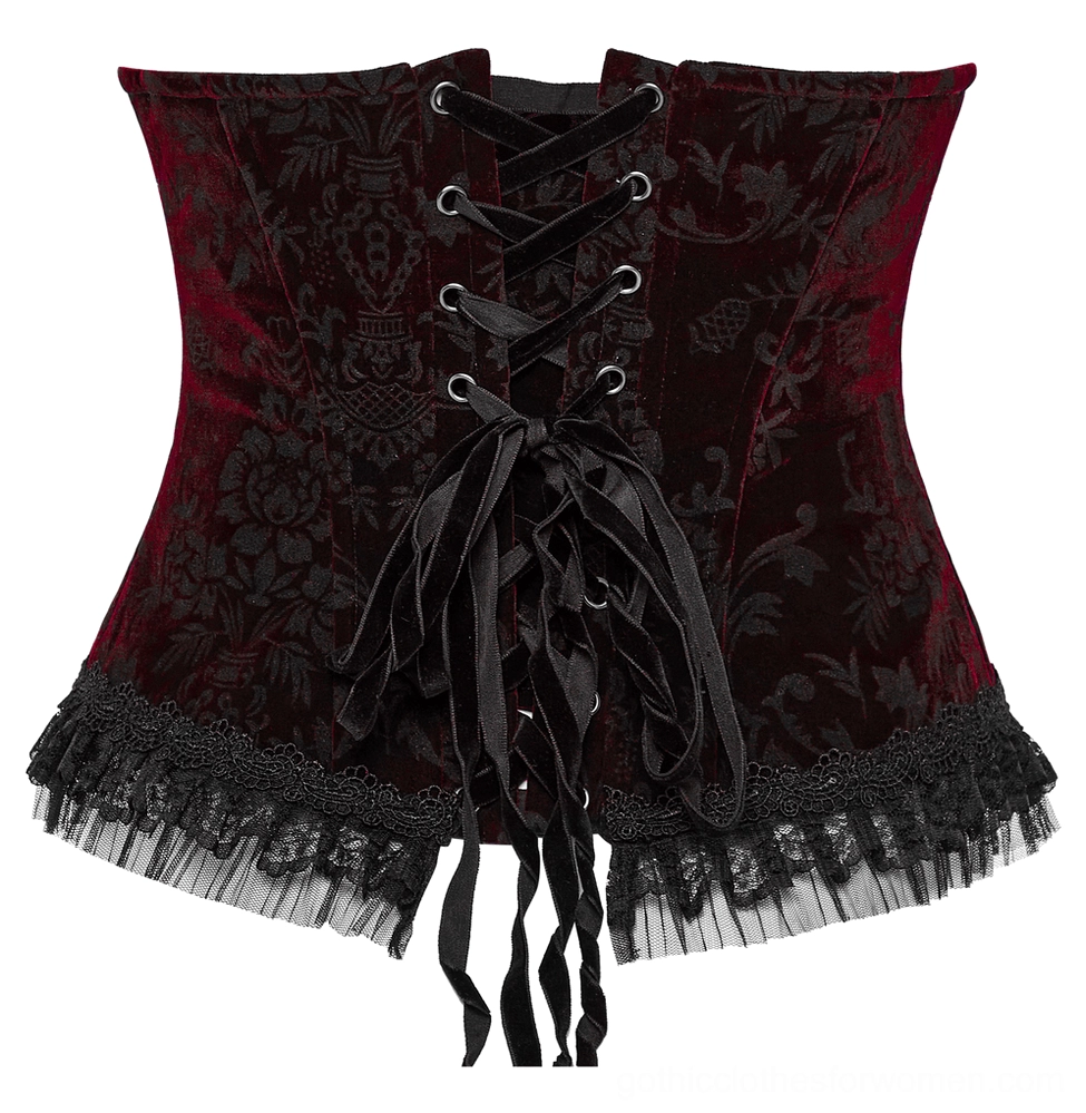 Back lace-up bow detail on black burgundy velvet gothic corset
