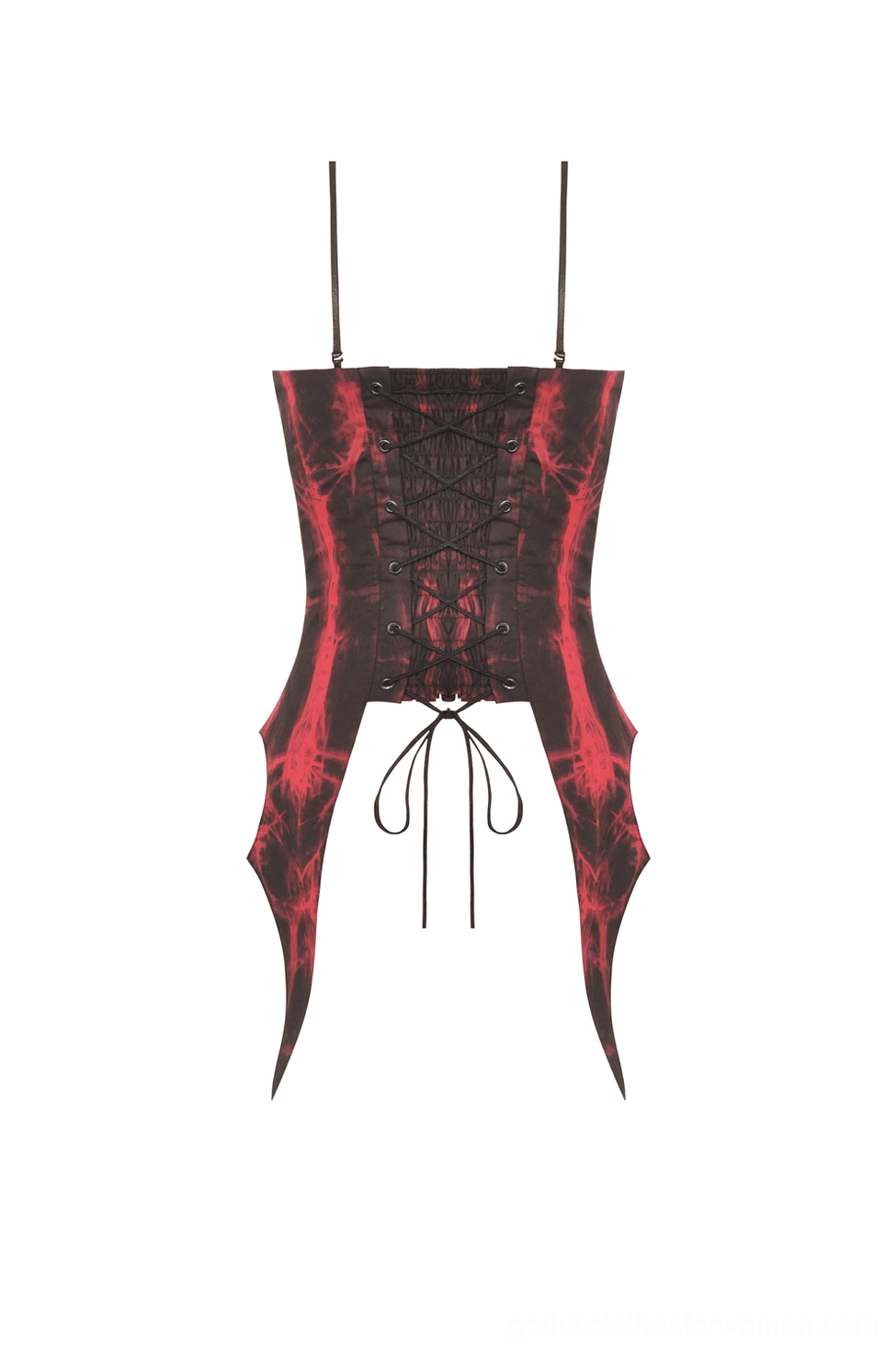 Back flat lay of red and black gothic corset showing lace-up tie-back system and batwing side panel construction