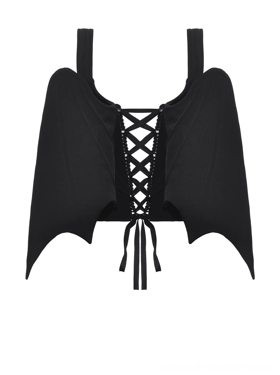 Gothic bat wing corset top back flat lay showing crisscross lace-up tie closure and architectural wing design