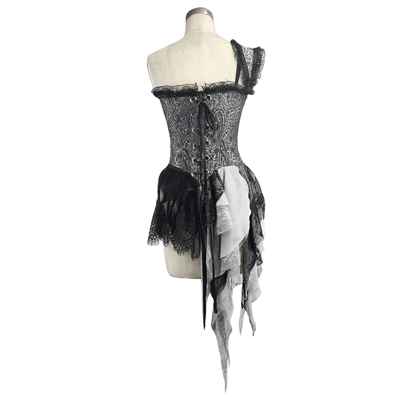 Gothic corset full back view on mannequin, lace-up closure with metal eyelets, long tattered side hem, black-grey jacquard