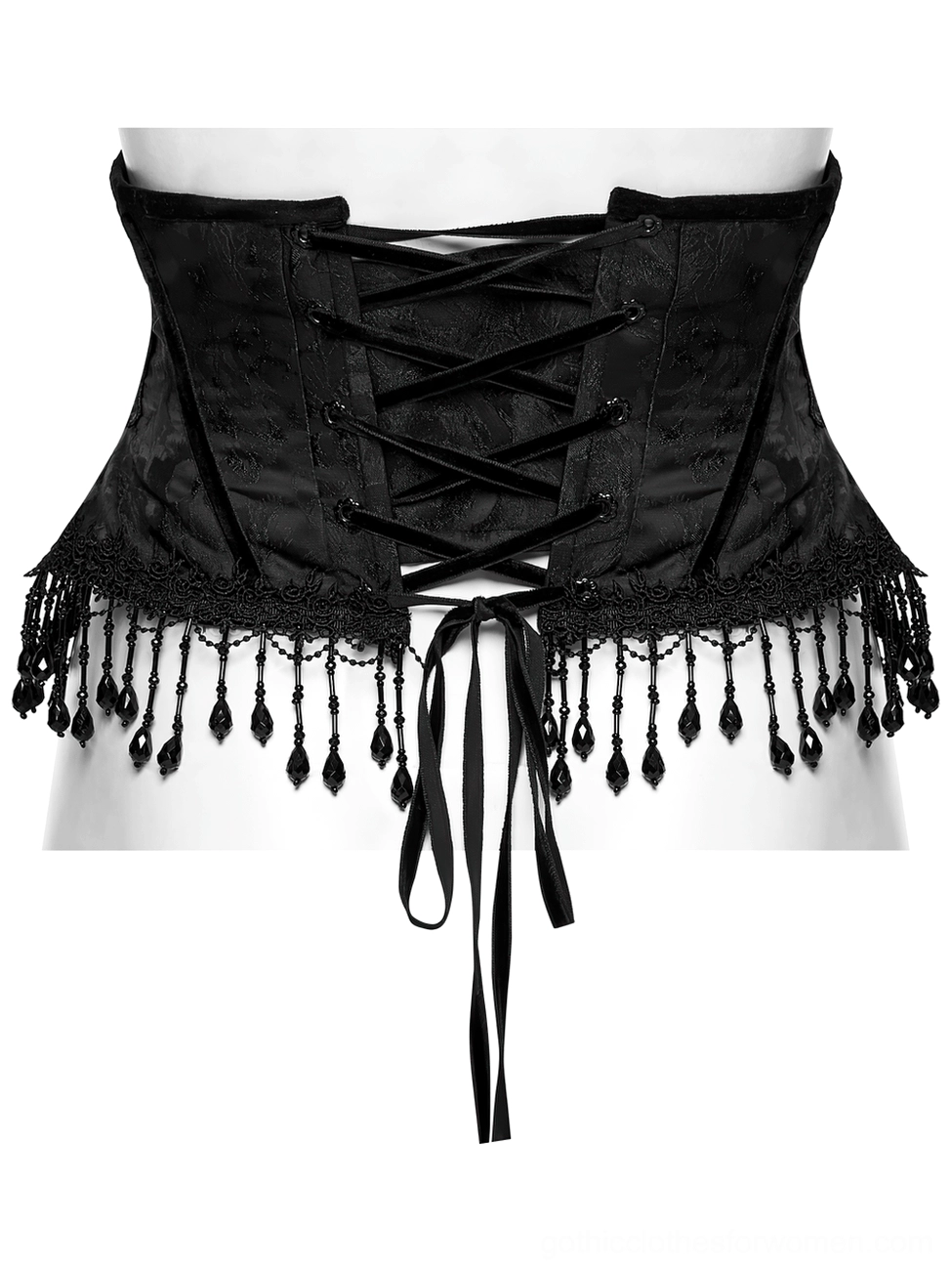Back close-up of black gothic corset with crossed velvet lace-up closure and beaded tassels