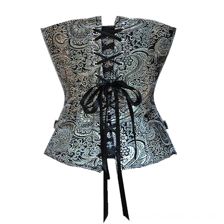 Gothic corset back view, lace-up black ribbon closure, side adjustment straps, paisley jacquard texture