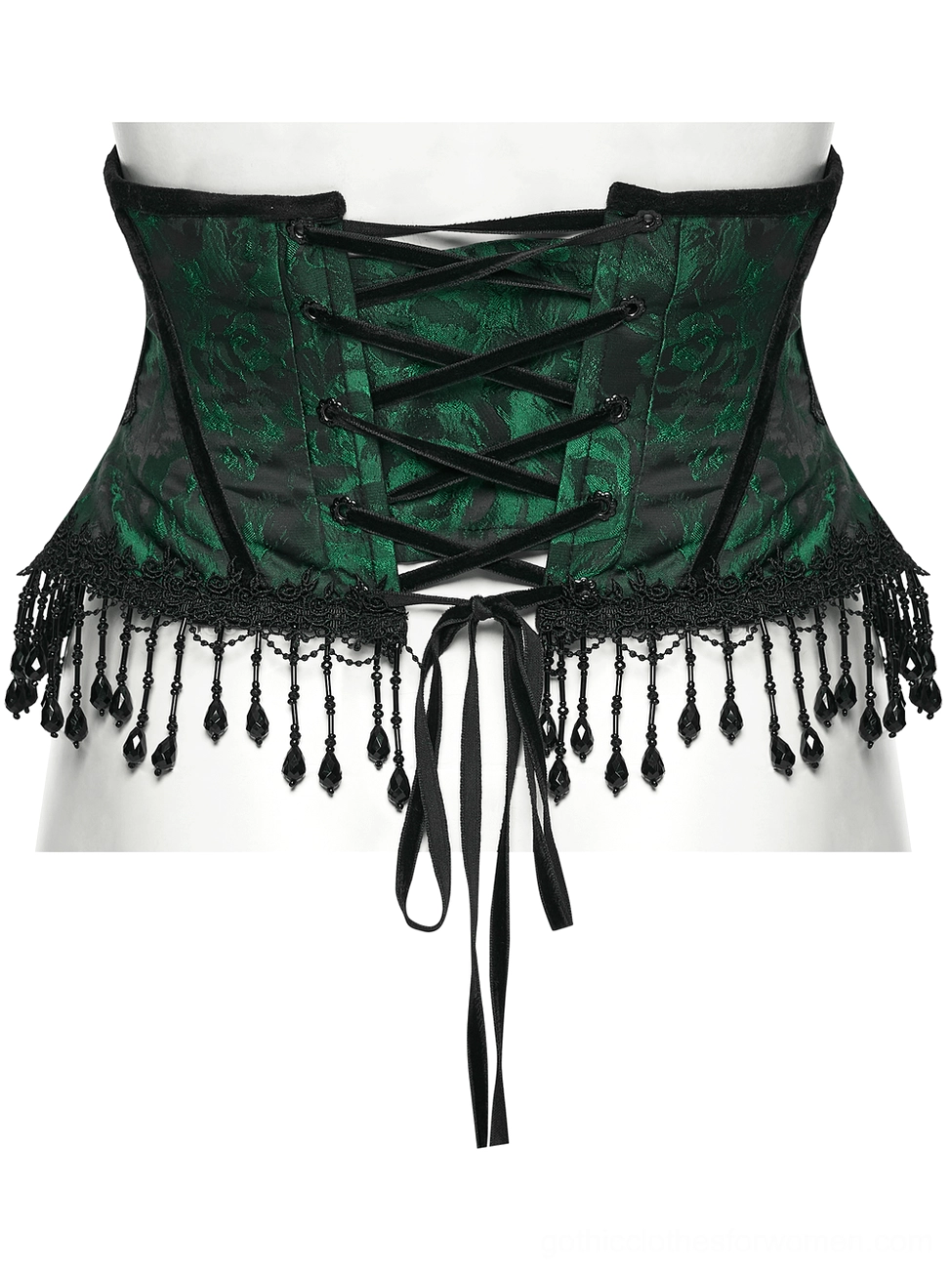 Back view flat lay of emerald jacquard gothic corset showing black velvet ribbon lace-up closure and beaded tassel trims