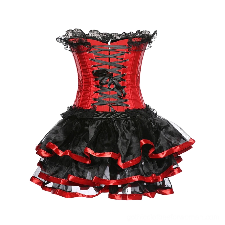 Back flat view of gothic corset showcasing lace-up design, black lace edge trim, and red satin construction