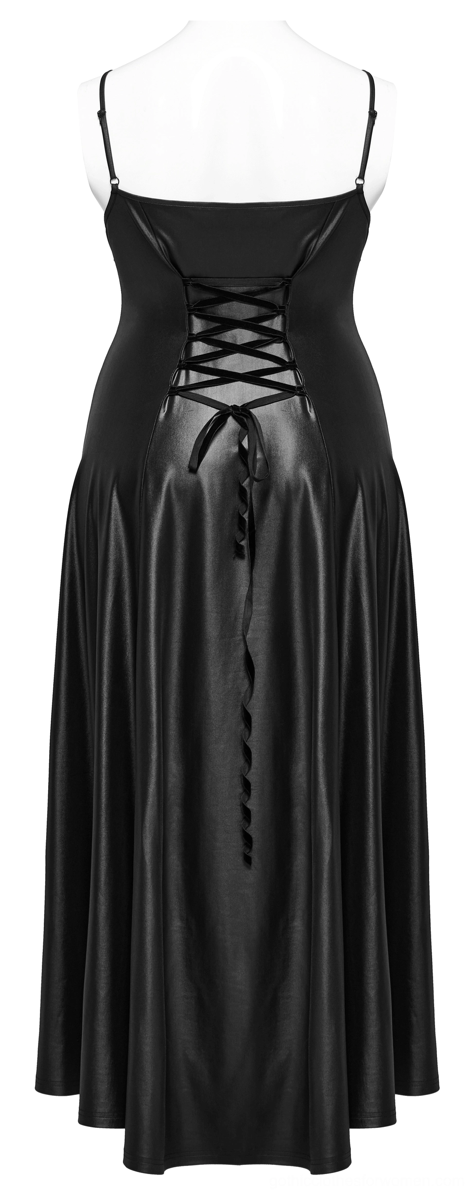 Black gothic maxi dress rear view with intricate lace-up corset back design on dress form