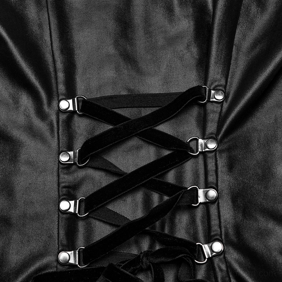Close-up of black gothic dress lace-up corset back with metal buckles and hardware