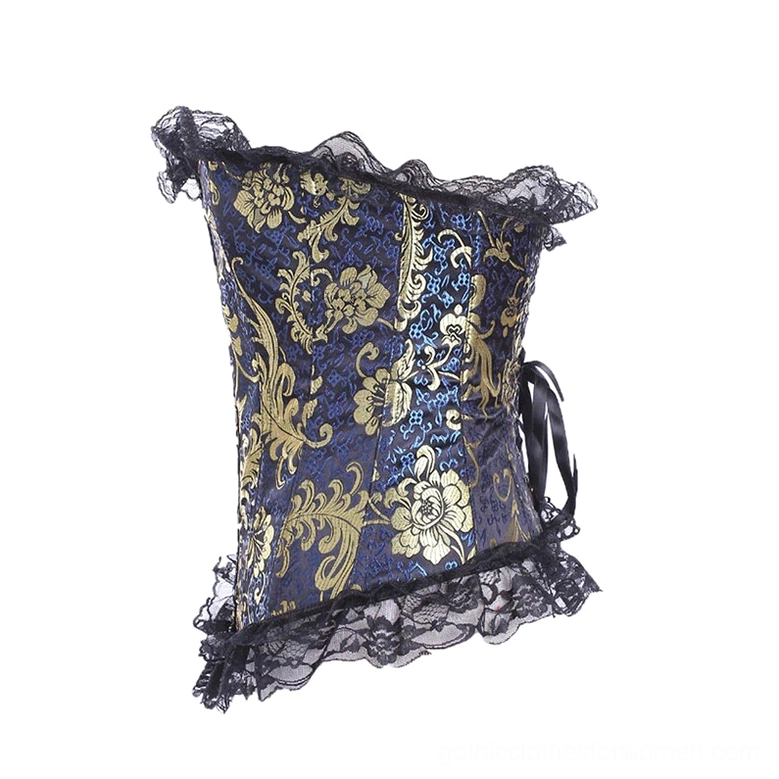 Gothic corset rear view showing lace-up back closure and black lace trim design