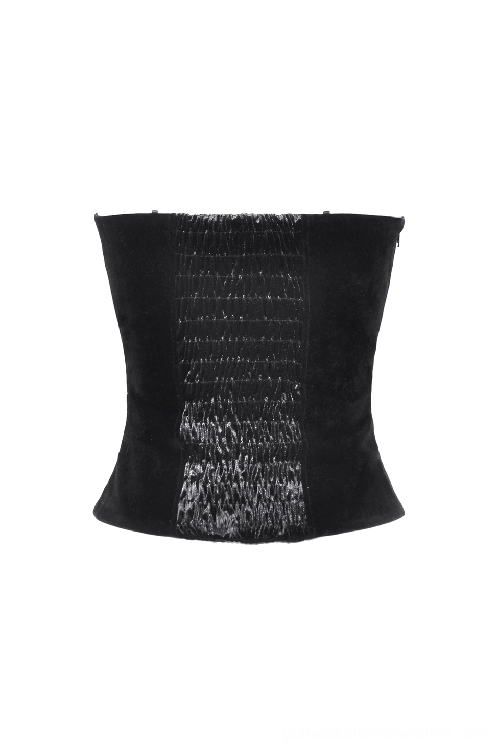 Black shirred velvet gothic corset back panel, flat view demonstrating ruched texture and slim waist construction