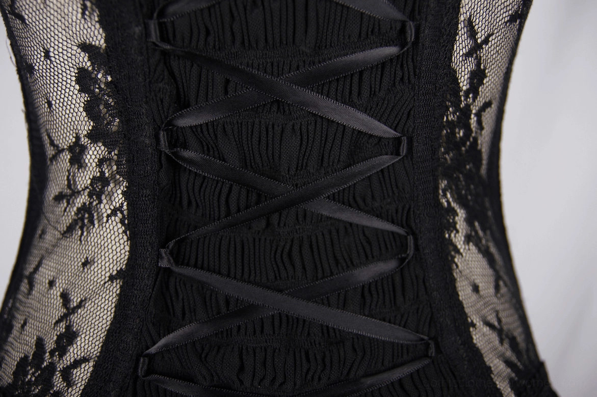 Black gothic corset back lace-up detail, ribbon lacing and sheer floral lace fabric construction
