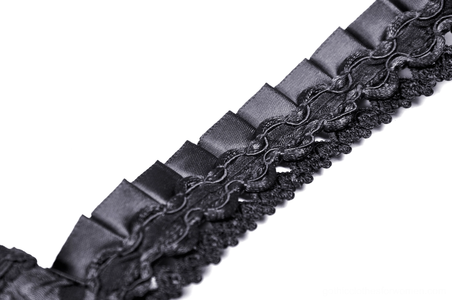 Gothic black lace corset product detail showcasing intricate bead work and dimensional rose embellishments