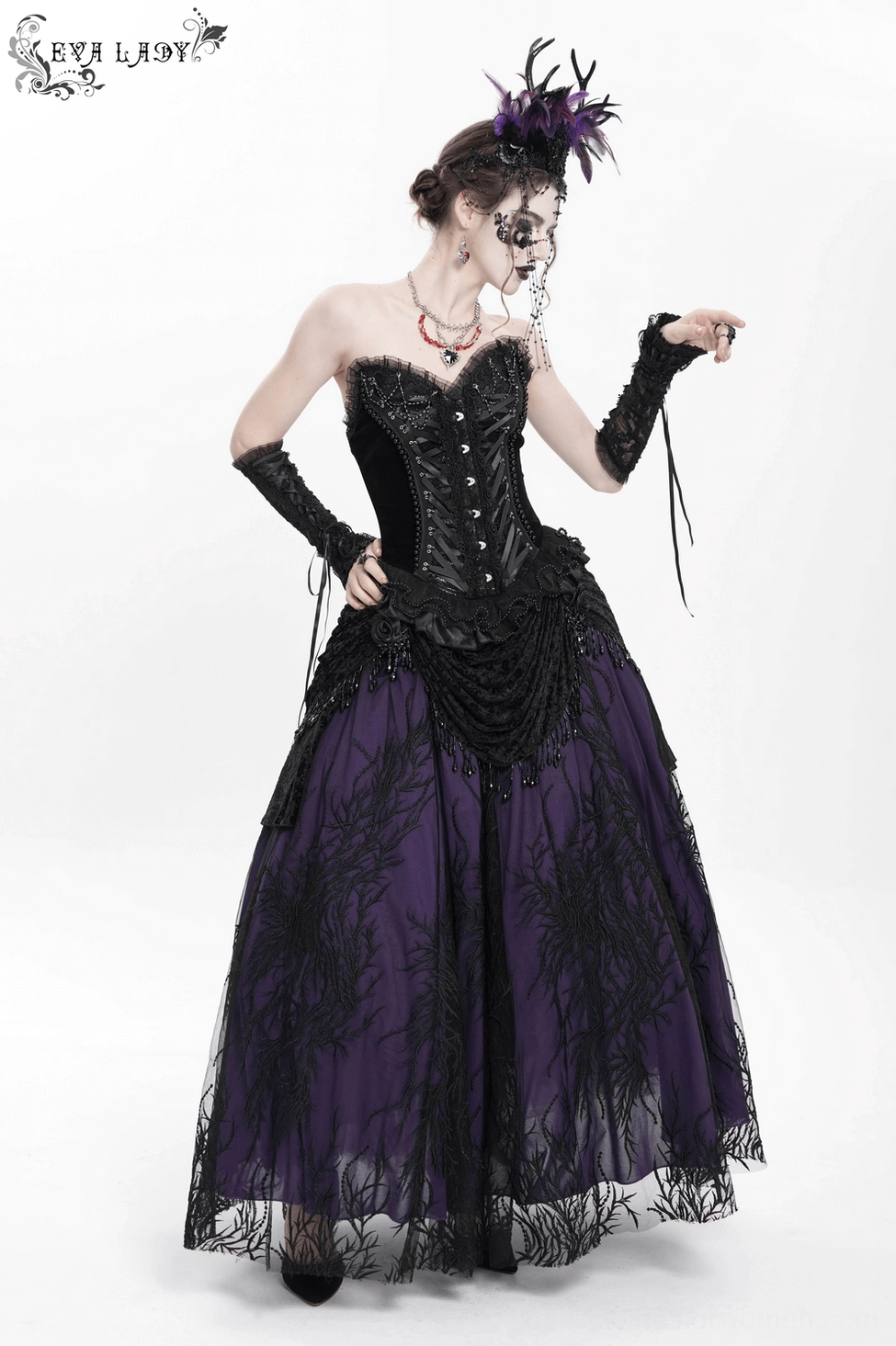 Gothic corset close-up showing beaded trim, lace details and refined satin construction
