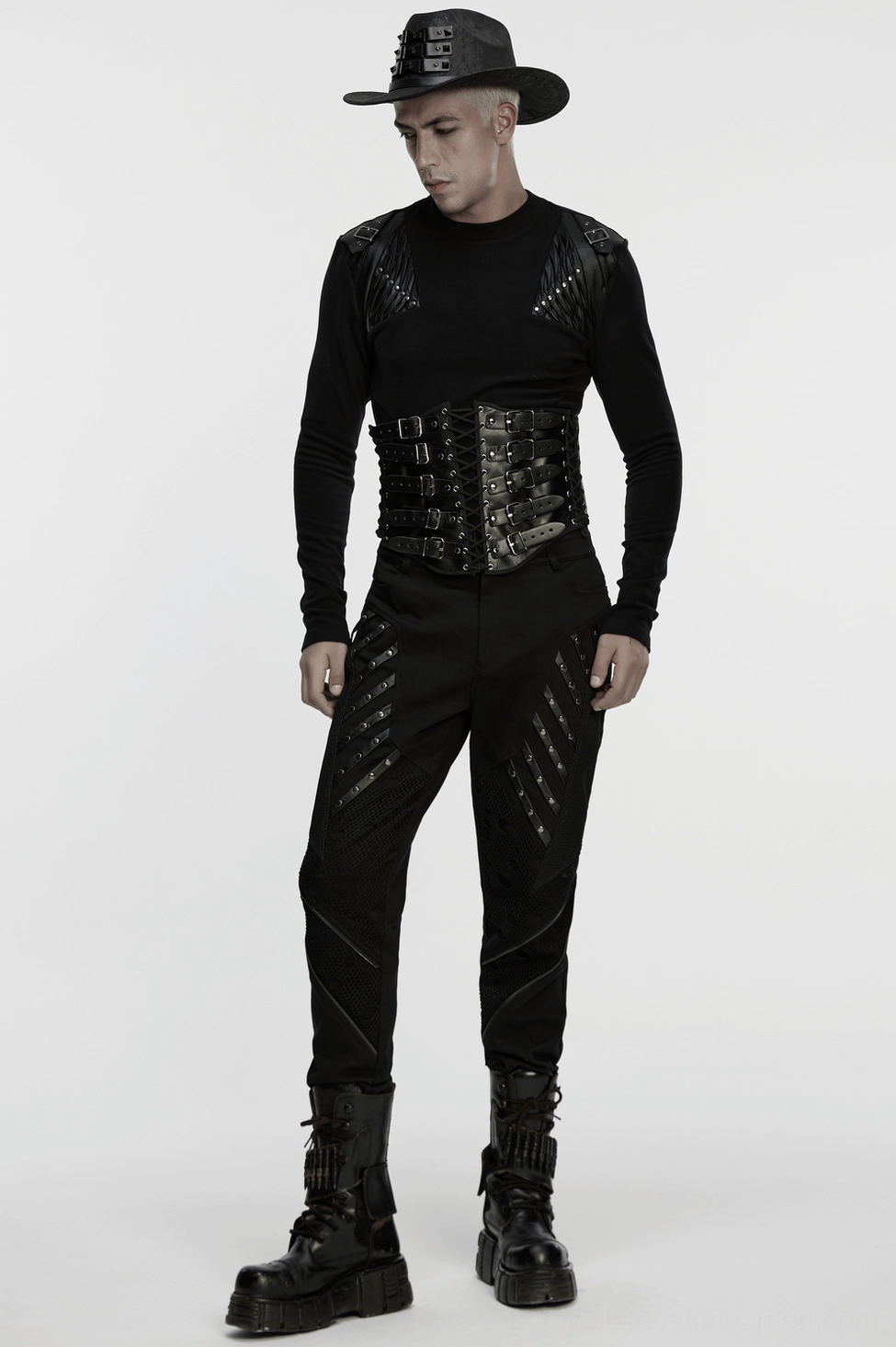 Black gothic corset belt featuring adjustable lace-up back and decorative metal buckles
