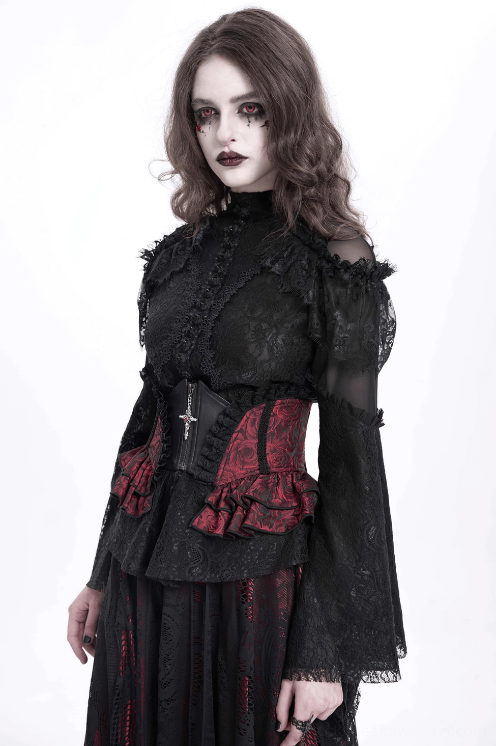 Wine red gothic corset belt aesthetic shot with rose brocade pattern and alternative fashion styling