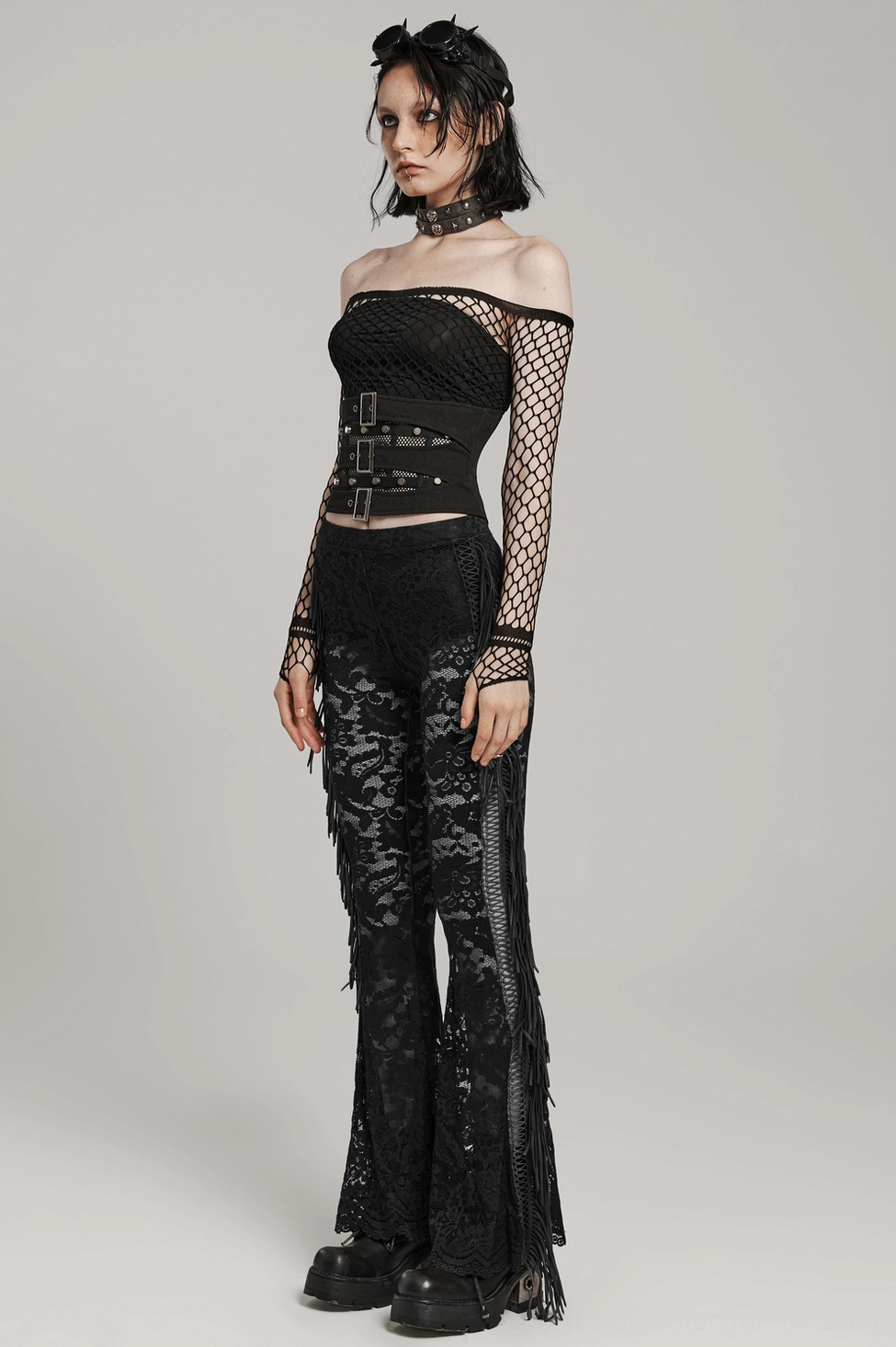 Alternative angle of black gothic corset belt showing mesh integration, buckle placement, and overall architectural design composition