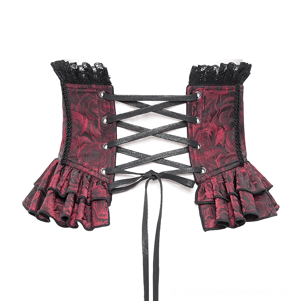 Back flat lay view of gothic corset belt displaying crisscross lace-up closure and ruffle flounces