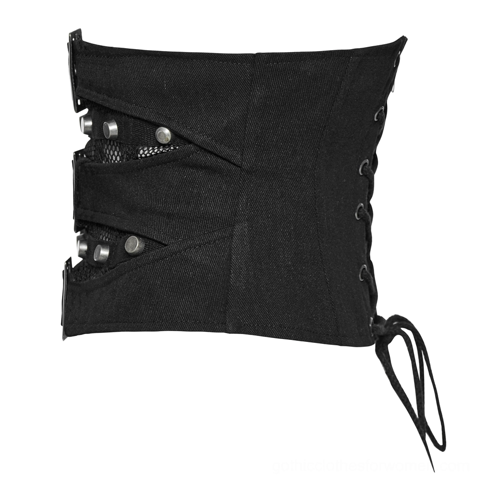 Back side flat lay view of black gothic corset belt, displaying crisscross lace-up construction with metal grommets and solid black woven fabric
